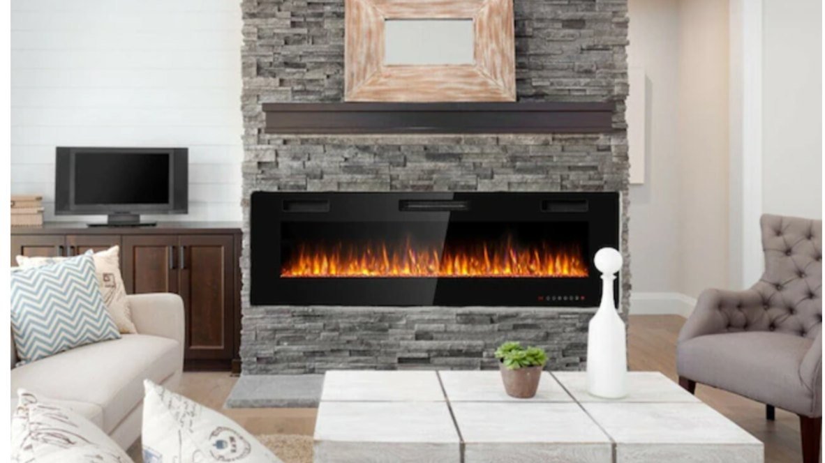 Living room with a stacked stone fireplace surround